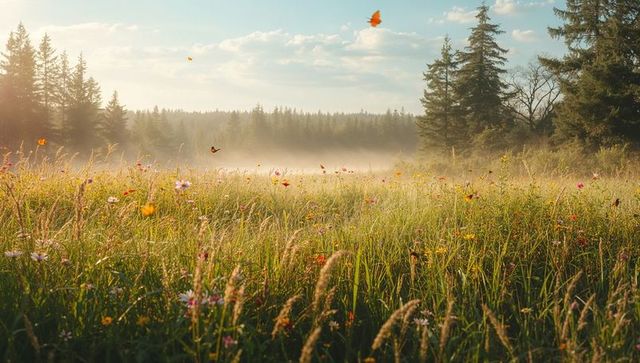 Glowing wildflower meadow at dawn with misty grasses and butterflies drifting above