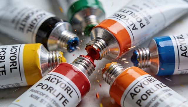 Acrylic paint tubes bursting with bright pigment splatter in red orange yellow blue green