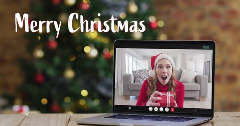 Virtual Christmas Call with Excited Woman Holding Gift - Download Free Stock Images Pikwizard.com