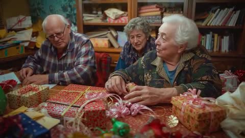 Elderly Family Engaging in Joyful Gift Wrapping Session