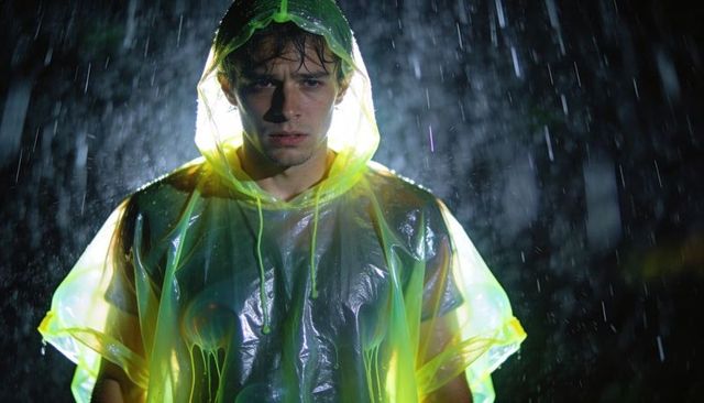 Backlit neon-yellow poncho in heavy night rain — dramatic young man portrait, cinematic