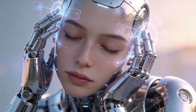 Female android pressing temples with closed eyes, chrome cybernetic face, holographic huds