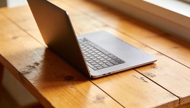 Silver laptop sitting on rustic wooden table by window, sunlight illuminating keyboard