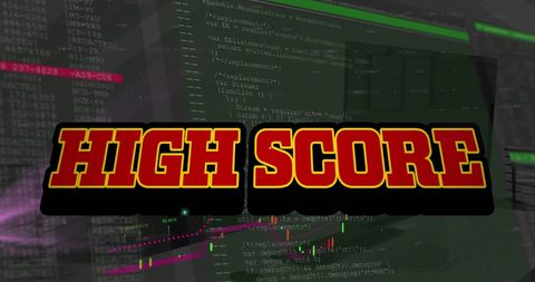 Bold high score text overlay on a blurred office setting with visible green data lines creates a dynamic technology-focused visual. Ideal for gaming, software development, and digital communication themes in marketing materials or tech blogs.