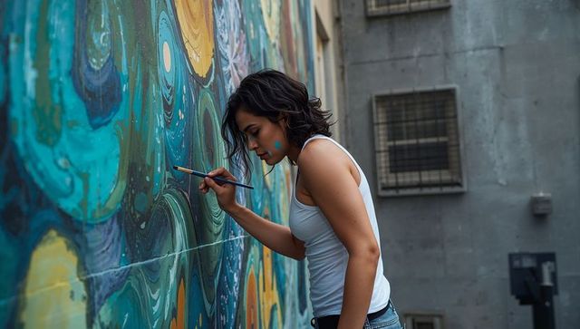 Young woman painting vibrant abstract mural in urban alley, brushstroke detail