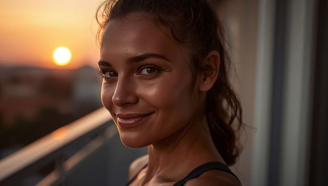 Hispanic woman smiling on balcony at sunset golden hour closeup urban lifestyle portrait