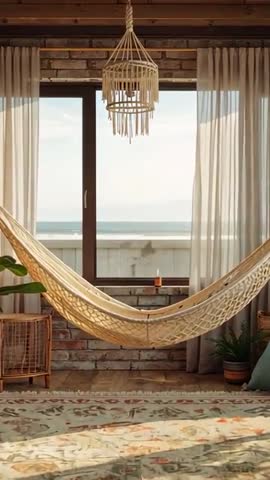 Vertical video of woven hammock swaying in sunlit seaside sunroom with drifting curtains