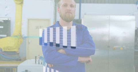 Engineer standing arms crossed on factory floor overlaid with ar analytics and robot arm