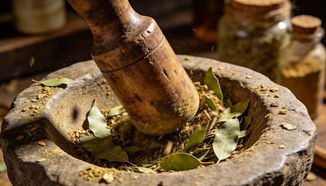 Rustic mortar and pestle crushing bay leaves and spices for homemade seasoning