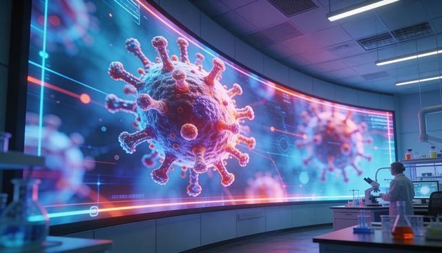 Futuristic virology lab display showing giant 3d virus on curved led wall for research