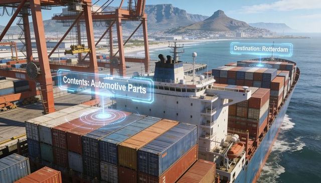 Smart port logistics displaying ar container tracking, cargo contents labels rotterdam