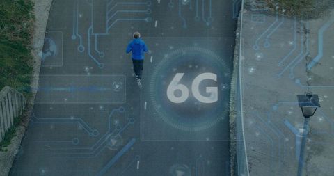 Jogger on Road with Futuristic 6G Technology Overlay