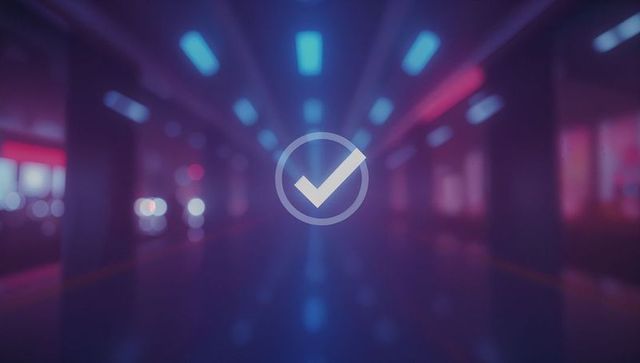 Glowing check mark in futuristic neon corridor