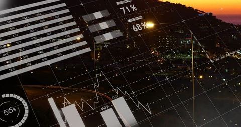 Projecting Data Visualization Overlay Over Urban Skyline at Dusk Showing Analytics