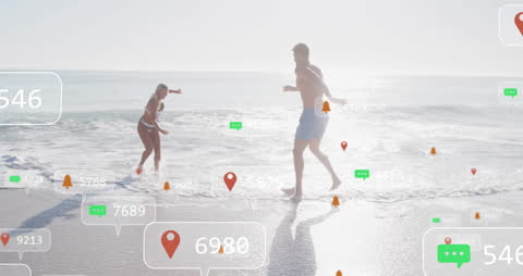 Couple Enjoying Beach with Social Media Notifications Overlay
