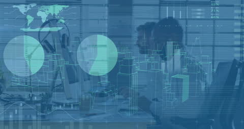 Futuristic Business Office with Financial Data Overlay