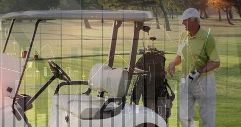 Senior golfer adjusting glove next to cart with financial data overlay on sunny fairway