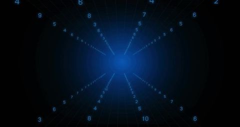 Radiating Blue Data Tunnel with Numeric Streams Converging into Glowing Cyber Orb