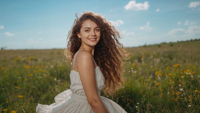 Young woman smiling and kneeling in flowing white dress, posing in sunlit wildflower meadow