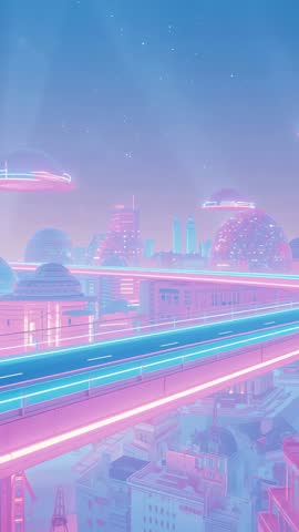 Vertical neon skyway with hover vehicles and disc crafts gliding through cyberpunk skyline
