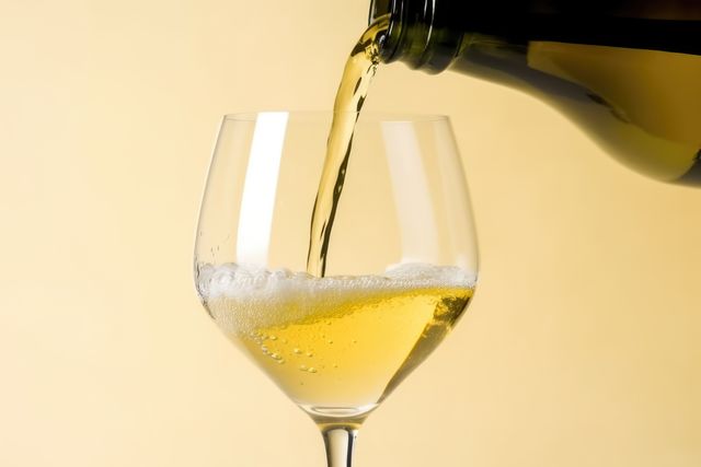 White wine pouring to glass from bottle on yellow background, created using generative ai technology. Wine week, drink, alcohol and wine tasting awareness concept digitally generated image.