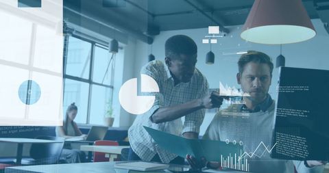 Diverse Business Analysts Collaborating in Modern Office with Digital Interfaces