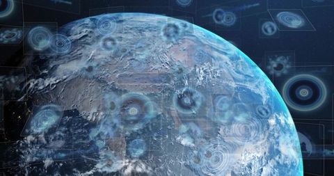 Rotating earth with hud data overlays, radar and satellite visualization for monitoring