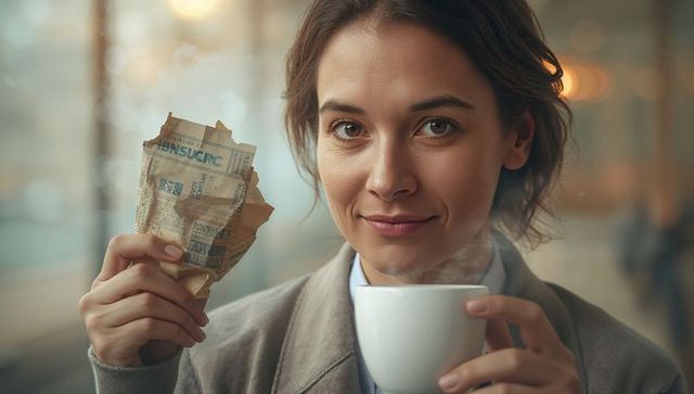 Woman Holding Coffee Mug and Newspaper in Cozy Cafeteria Atmosphere