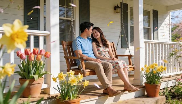 Couple enjoying porch swing surrounded by spring flowers and falling petals