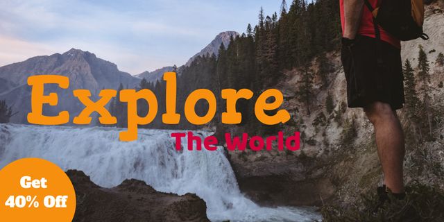 Image features a hiker standing by a waterfall in a mountainous area, ideal for marketing adventure travel, hiking tours, outdoor gear, and nature exploration activities. The emphasis on 'Explore The World' and discount offer can appeal to adventure seekers and travelers looking for new experiences.