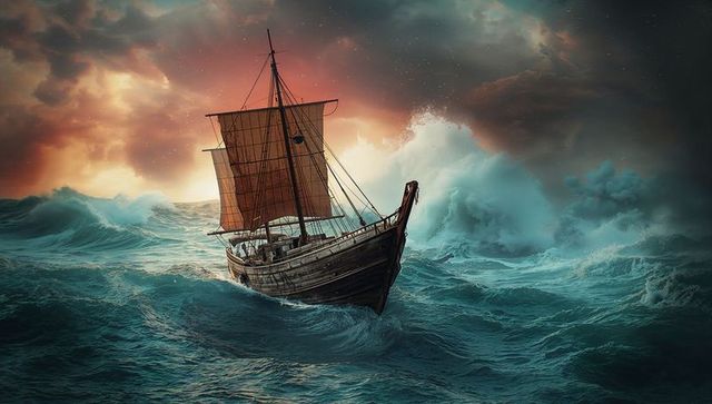 Sailing Ship Braving Stormy Seas with Red Sails at Sunset