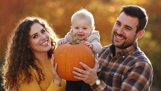 Young family holding pumpkin in golden autumn light smiling parents with baby, cozy fall portrait