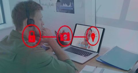 Businessman Engaging in Virtual Meeting with Digital Overlays