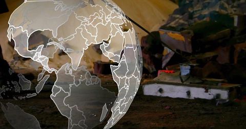 Wireframe globe and foundry with glowing molten metal molds