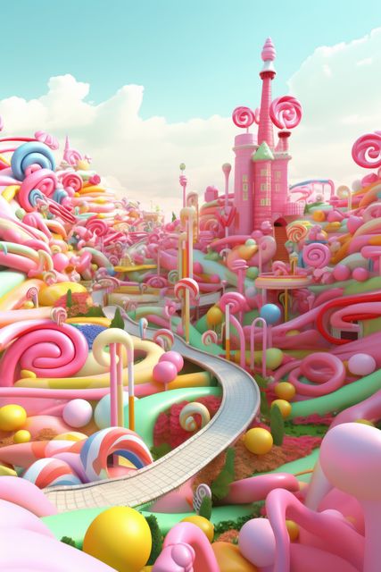 Surreal candy landscape featuring a colorful candy castle and winding road, ideal for fantasy-themed projects, children's book illustrations, whimsical posters, advertisement campaigns, and creative design assets. This image evokes a dreamlike, playful atmosphere perfect for engaging and enchanting visuals.