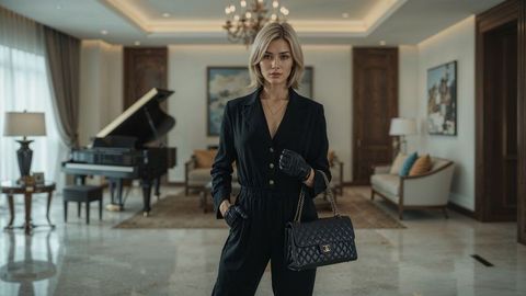 Elegant Woman in Black Jumpsuit with Luxurious Accessories in Opulent Interior