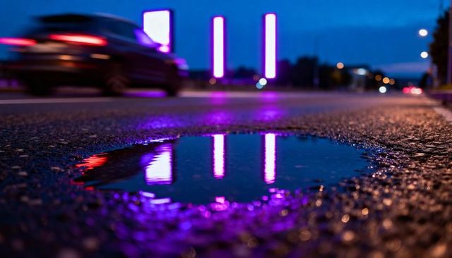 Neon reflection on wet road at dusk with blurred car taillights and purple glow, urban night street