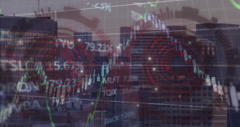 Financial Data Processing Over Cityscape with Tech Interface