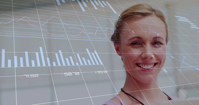 Smiling woman with financial charts overlay - Download Free Stock Images Pikwizard.com