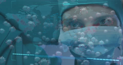 Surgeon in Mask with Overlay of COVID-19 Cells and Global Map