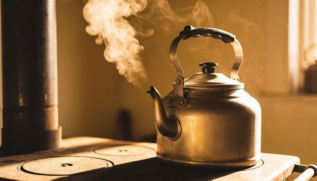 Steaming vintage kettle sitting on cast iron stove by sunlit rustic kitchen window