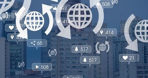 Social media icons over cityscape representing digital network connections