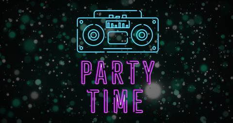 Neon Boombox and Party Time Text on Sparkling Background