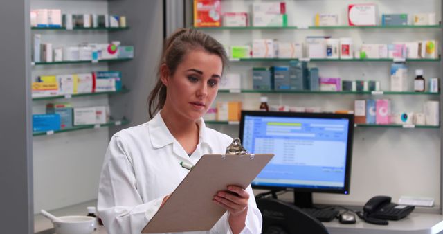 A young Caucasian female pharmacist reviews a document, with copy space on the left side of the image. She is standing in a pharmacy with shelves of medications in the background, indicating a healthcare setting.