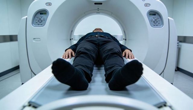 Male patient lying supine entering ct scanner gantry for diagnostic imaging and care