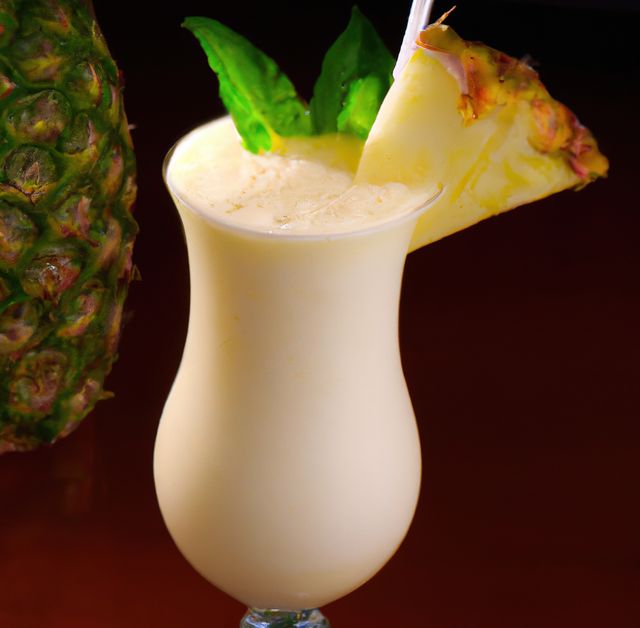 Close up of pina colada drink over pineapple created using generative ai technology. Party, celebration and drink concept, digitally generated image.