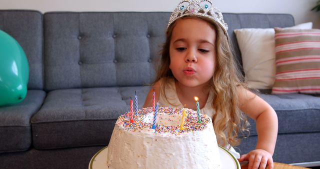 Little girl wearing tiara blowing out birthday candles on cake - Download Free Stock Photos Pikwizard.com