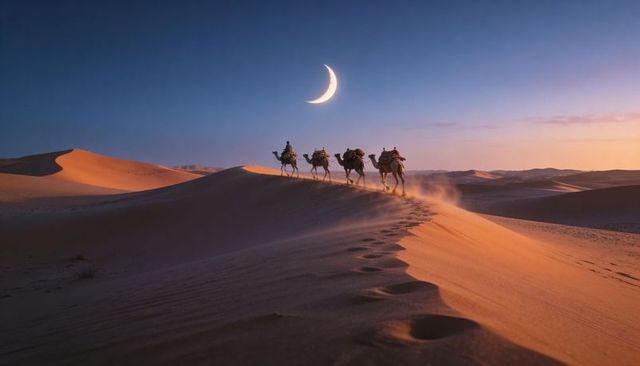 Desert camel caravan traversing dune crest at twilight beneath crescent moon
