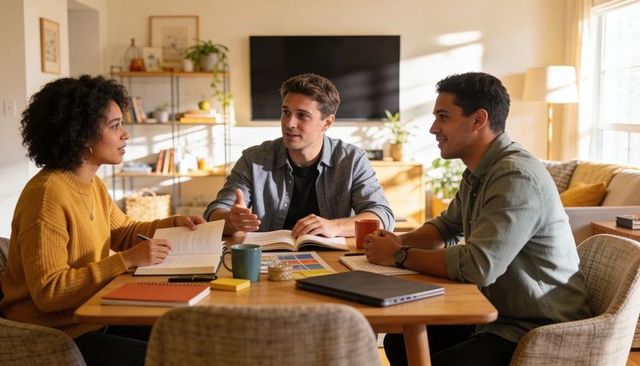 Three adults discussing project at home dining table with notebooks, books and coffee