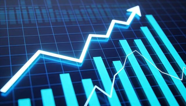 Neon financial growth dashboard showing rising cyan bar graph and upward arrow trend line